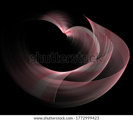 On a black background, a red abstract heart is enveloped by two surfaces created from wavy lines. Graphic design element. 3D rendering. 3D illustration