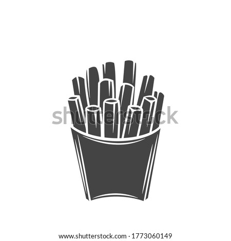 French fries in carton package glyph icon. Icon fast food for street cafe and cinema menu. Retro style.