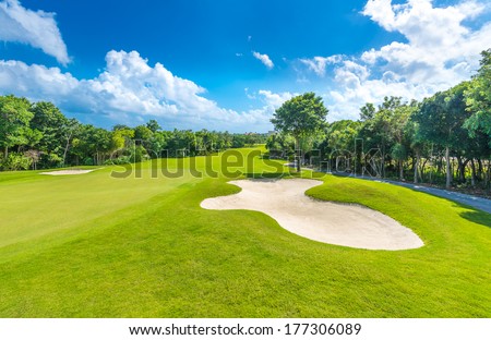 Sand bunkers on the golf course. Mexican resort. Bahia Principe, Riviera Maya.