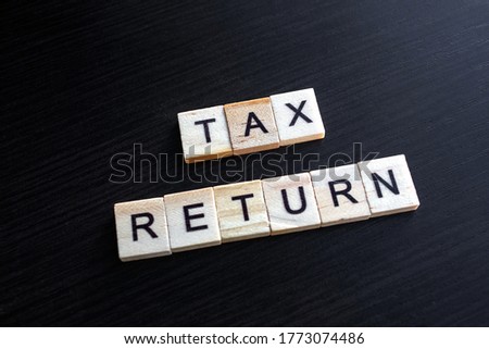Tax concept with wooden blocks laying on wooden background. Income, expenses, tax, financial data.