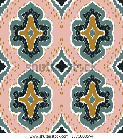 Ikat geometric folklore ornament with diamonds. Damask rug. Tribal ethnic vector texture. Persian geo print. Seamless pattern in Aztec style. Folk embroidery. Gypsy, Mexican, African print. 