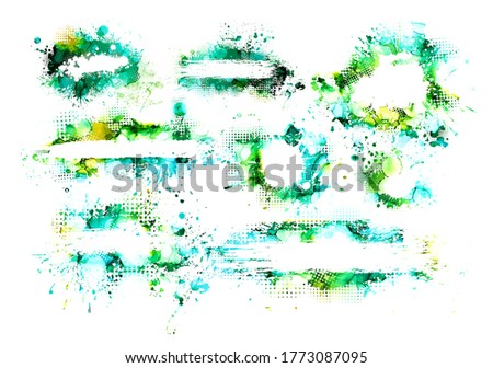 Blue and green blots background. Blot text frame. Grunge texture. Set Art ink dirty design. Border for artistic shape, paintbrush element. Vector illustration