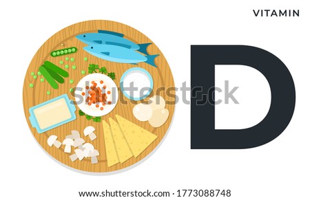 The nutritional components vitamin D flat design vector illustration. Useful healthy foods.