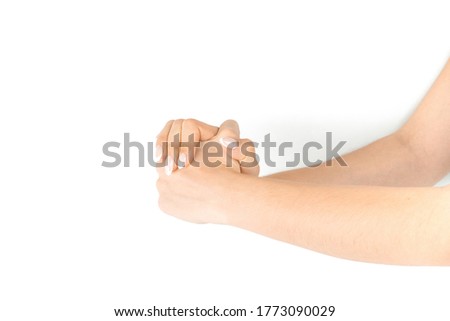 Stretching arms. Healthy workout exercise. Woman hand massage for carpal tunnel syndrome protection. Female finger exercise, stretch therapy for pain wrist protective isolated on white background.