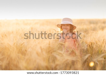 
Happy girl in a hat stands in a field of ripe rye in the sunset light. Ears of wheat. Ears of rye.
Selective focus. Sunset sun. Walking in the rye field.