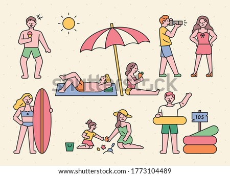 Vacationers are enjoying their vacation on the summer beach. flat design style minimal vector illustration.