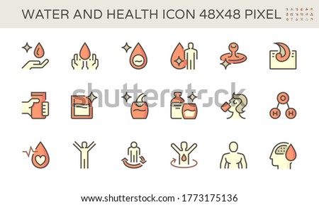 Water and health such as drop, care, body, splash, glass, bottle, drinking, molecule structure, health heart, muscle and brain vector icon set design, 48x48 pixel perfect and editable stroke.