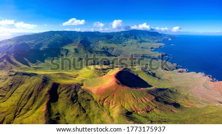 magnificent aerial view of UA HUKA island in the Marquesas archipelago in French Polynesia at sunset Royalty-Free Stock Photo #1773175937