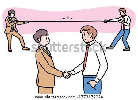 The two men are shaking hands. Tug of war in their heads. hand drawn style vector design illustrations. 