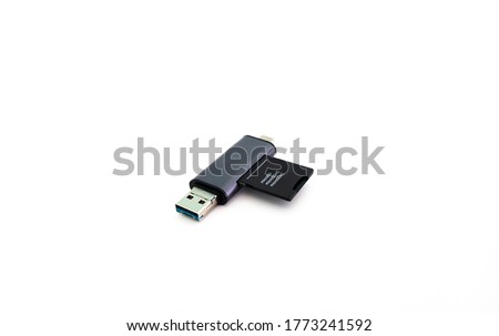 converter from micro usb to usb, flash drive on white background. Connection scheme of a flash drive to a smartphone via an adapter. Closeup.