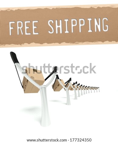 Free shipping transportation concept with cardboard box on slingshot