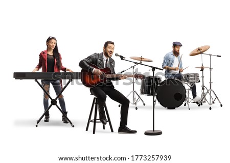 People in a music band with an acoustic guitar, keyboard and drums isolated on white background