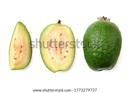 Tropical fruit feijoa with slices isolated on white background. Acca sellowiana
