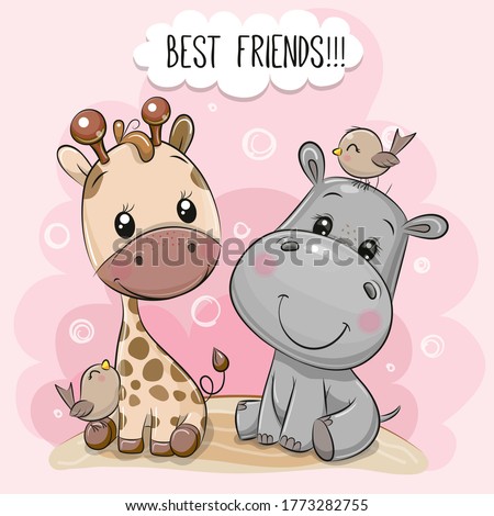 Cute Cartoon Hippo and Giraffe on a pink background
