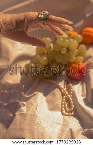 romantic luxury picnic on a white background, a hand in a summer mesh glove and a beautiful green emerald ring reaches for fruits, grapes and apricots and a cup of classic tea, vintage style