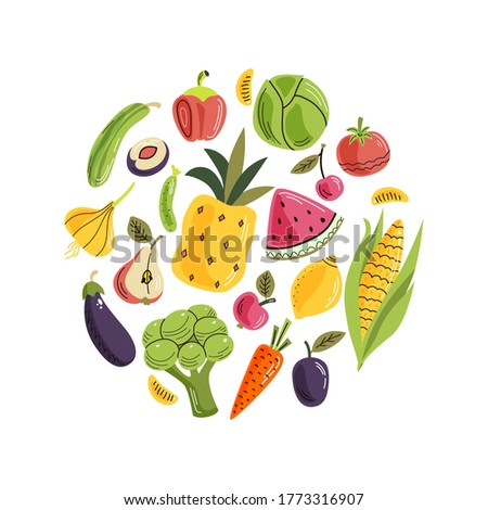 Organic fruits and vegetables flat hand-drawn illustration. Color clipart in round composition. 