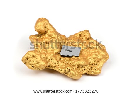 SD memory card on gold nugget isolated on white background. High resolution photo. Full depth of field.