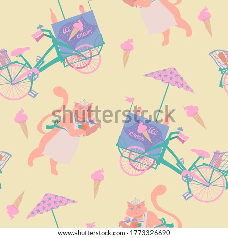 Summer vector seamless pattern with ice cream bike and cute cat on pastel yellow background
