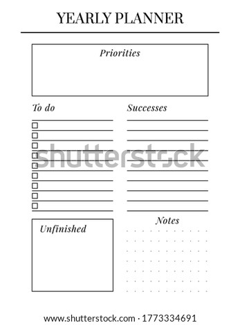 US Letter size Vector Planner template. Blank printable vertical notebook page. Business organizer. Calendar daily, weekly, monthly, yearly, habit tracker, project, notes, goals. Week starts on Sunday