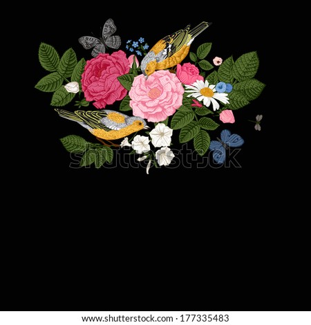 Vector vintage luxury card in Victorian style. Composition of colorful flowers on a black background. Roses, birds, butterflies. Design element.