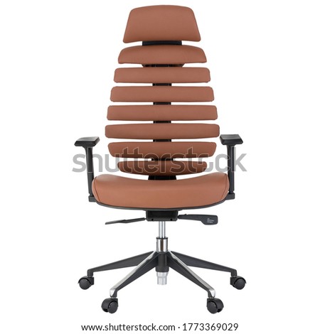 office chair with brown backrest and seat, black handles and  legs, isolated on white background, stock photography