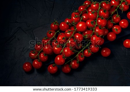 A few trusses of red wet cherry tomatoes on a dark textured background. Space for text. Top view. Flat lay.