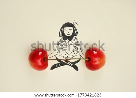 An illustration drawing of a girl holding real cherries in her hands