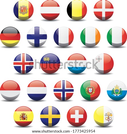 Western Europe countries national circle button flags background texture. 3d vector illustration symbol.
