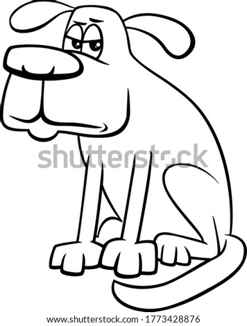 Black and White Cartoon Illustration of Unhappy or Grumpy Dog Comic Animal Character Coloring Book Page