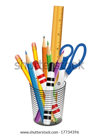 Draw and Write Tools in a desk organizer for office, home and school projects: pencils, pens, ruler, scissors, felt tip markers, colored pencils. EPS8 compatible.