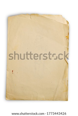 Old yellowed sheet of paper with shabby edges with empty place for text. Isolated on white background with Clipping Path