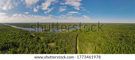 Aerial bird's eye view drone panorama of green boreal coniferous forest, fresh water lakes and rivers and unpaved road winding trough the trees. Summer sunny day, blue sky. Northern Ontario, Canada. Royalty-Free Stock Photo #1773461978