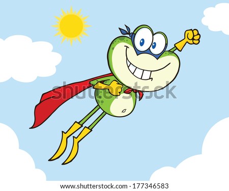 Frog Superhero Cartoon Character Flying In The Sky. Vector Illustration