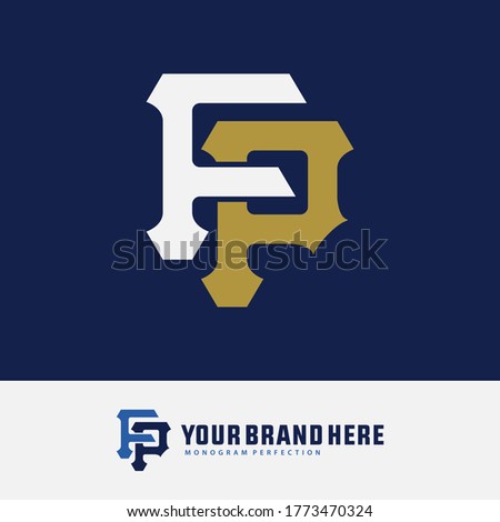 Initial letter F, P, FP or PF overlapping, interlock, monogram logo, white and gold color on blue background