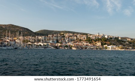 Samos island. Greece. Sea and pythagorion village background. with collorful boats