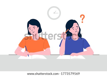 Stressed school student filling out answers to exam test answer sheet with pencil sitting at a classroom desk. Not knowing answers. the smart woman taking a test, preparing for exams at University. Royalty-Free Stock Photo #1773579569