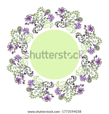 Round vector floral frame. Outline hand-drawn little purple flowers collected in a bouquet, in the center place for text.