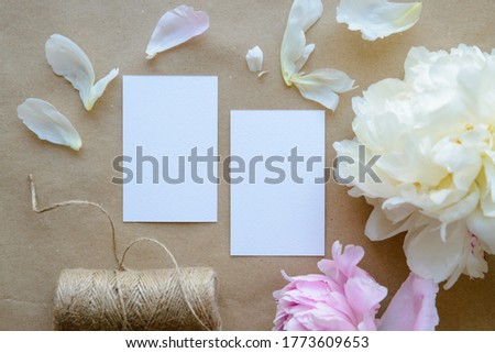 Business cards mockup with peonies, business card photo, floral business card template, jpg