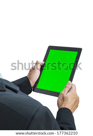 business man holding digital tablet, green screen on white background