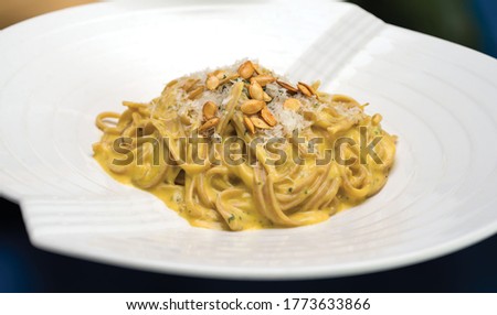 Perfect Pasta Linguine with Baked Butternut Squash Parmesan Sauce Royalty-Free Stock Photo #1773633866