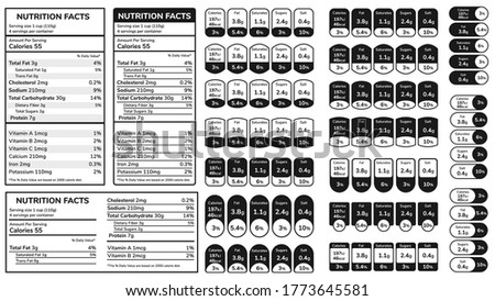 Nutrition facts information label. Daily value ingredient amounts calories guideline protein, fats in grams and percent tables vector set for box packages. Requirements for food dieting Royalty-Free Stock Photo #1773645581