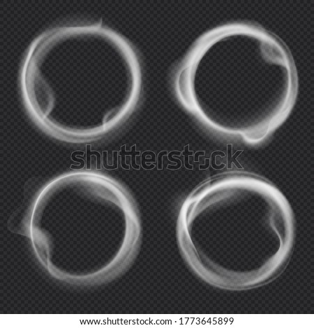 Smoke rings. Abstract realistic vape round symbol. Steam frame after cigarette, pipe or hookah smoking. Puffing, realistic fog flowing in round border isolated on transparent background