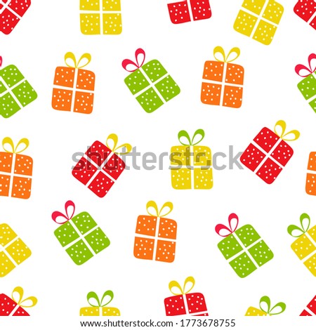 Seamless vector pattern of colored boxes with gifts with bows. Gifts for the new year, birthday, holidays. Packaging. Flat. Doodly. Digital illustration.