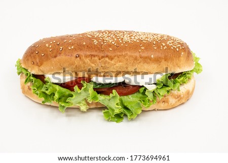 White cheese sandwich with lettuce, cucumber and tomato slices. Turkish sandwich isolated on white backgorund. Snack for lunch. Royalty-Free Stock Photo #1773694961