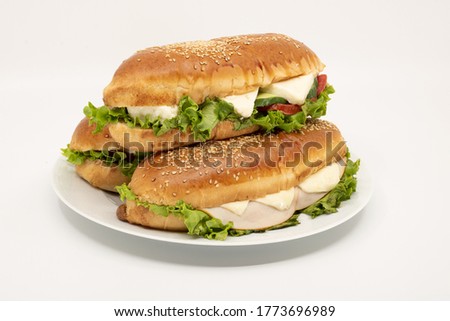 Cold sandwiches on plate isolated on white background. Cheese sandwich with lettuce leaf, salami and tomato slices. Delicious lunch meal. Royalty-Free Stock Photo #1773696989