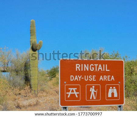 Ringtail Day Use Area Sign in lake Pleasant Regional Park. Sonoran Desert, Arizona USA