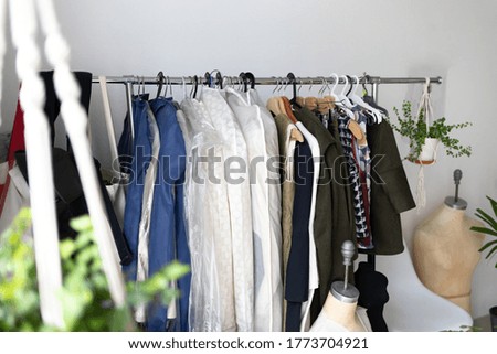 Show Room clothes with mannequins for sewing clothes. Creative workshop of a fashion designer. Living indoor plants are green.
