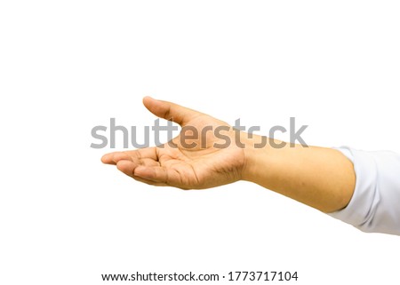 The hand of an asian woman on a white background