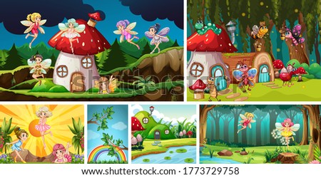 Six different scene of nature fantasy world with beautiful fairies in the fairy tale illustration
