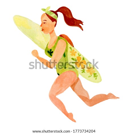 Girl surfing runs with surfing boards cartoon character